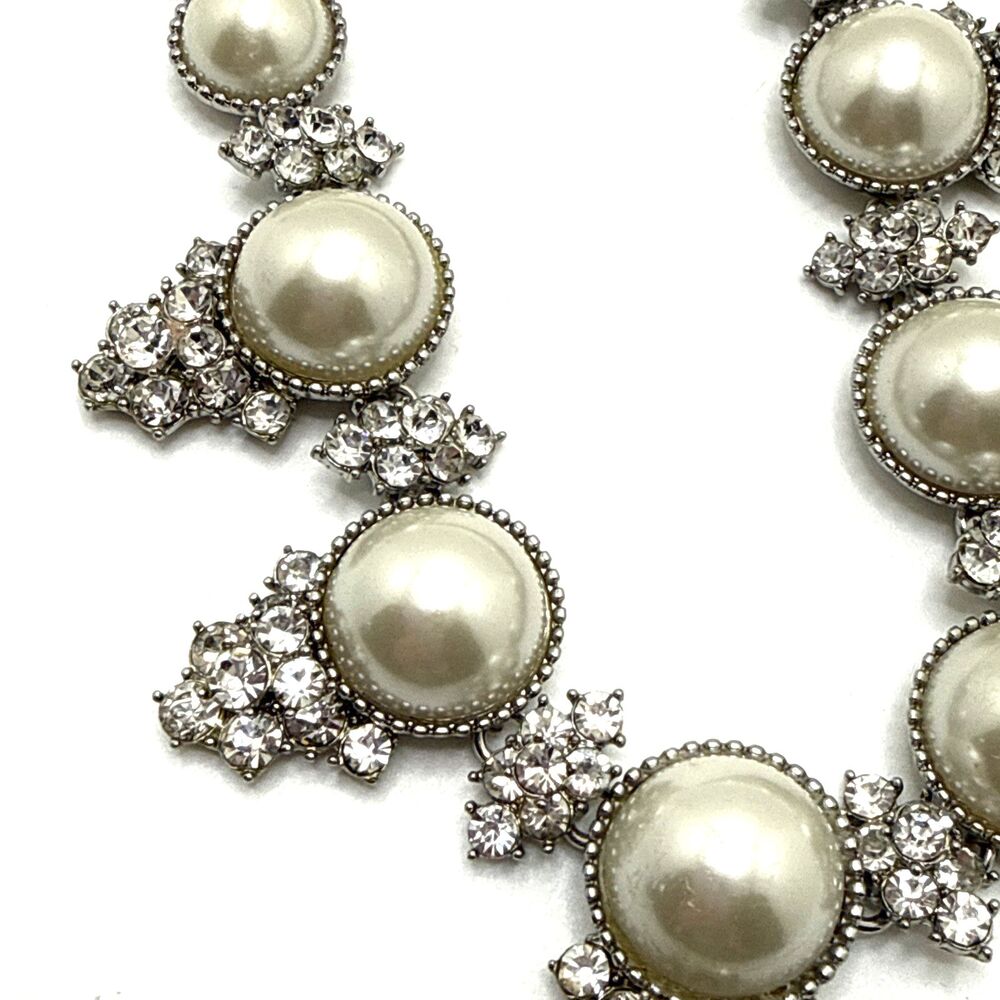 CHARTER CLUB Faux Pearl Rhinestone Choker Necklace Silver Tone Collar 16" - 18" - Picture 4 of 9